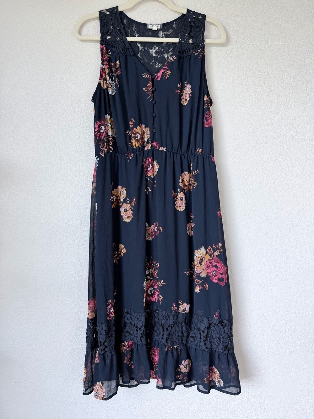 Eyeshadow Navy Floral Lace Yoke Midi Dress XL Boho Sleeveless Lined